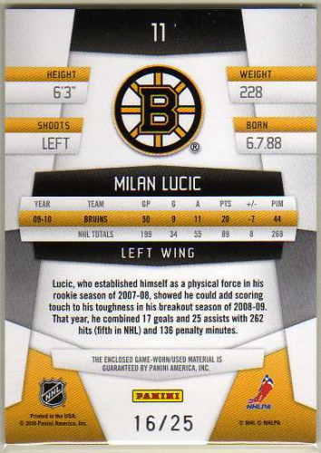2010-11 Certified Mirror Gold Materials Prime #11 Milan Lucic back image