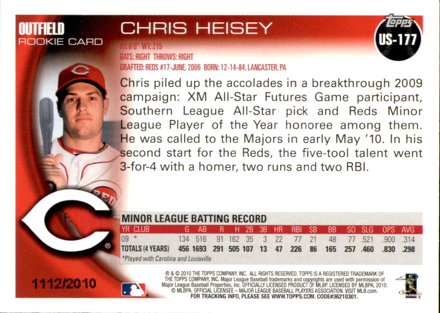2010 Topps Update Gold #US177 Chris Heisey back image