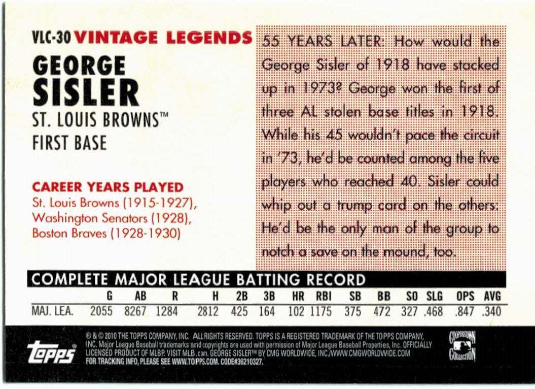 2010 Topps Vintage Legends Collection #VLC30 George Sisler back image