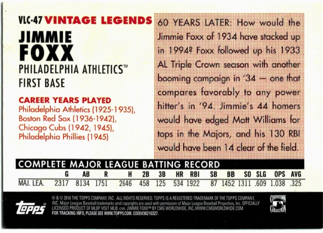 2010 Topps Vintage Legends Collection #VLC47 Jimmie Foxx back image