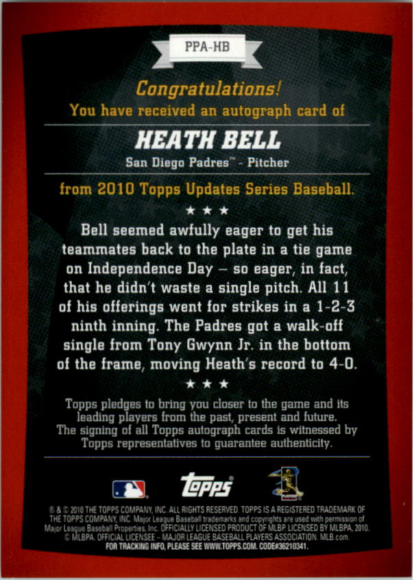 2010 Topps Peak Performance Autographs #HB Heath Bell UPD C back image