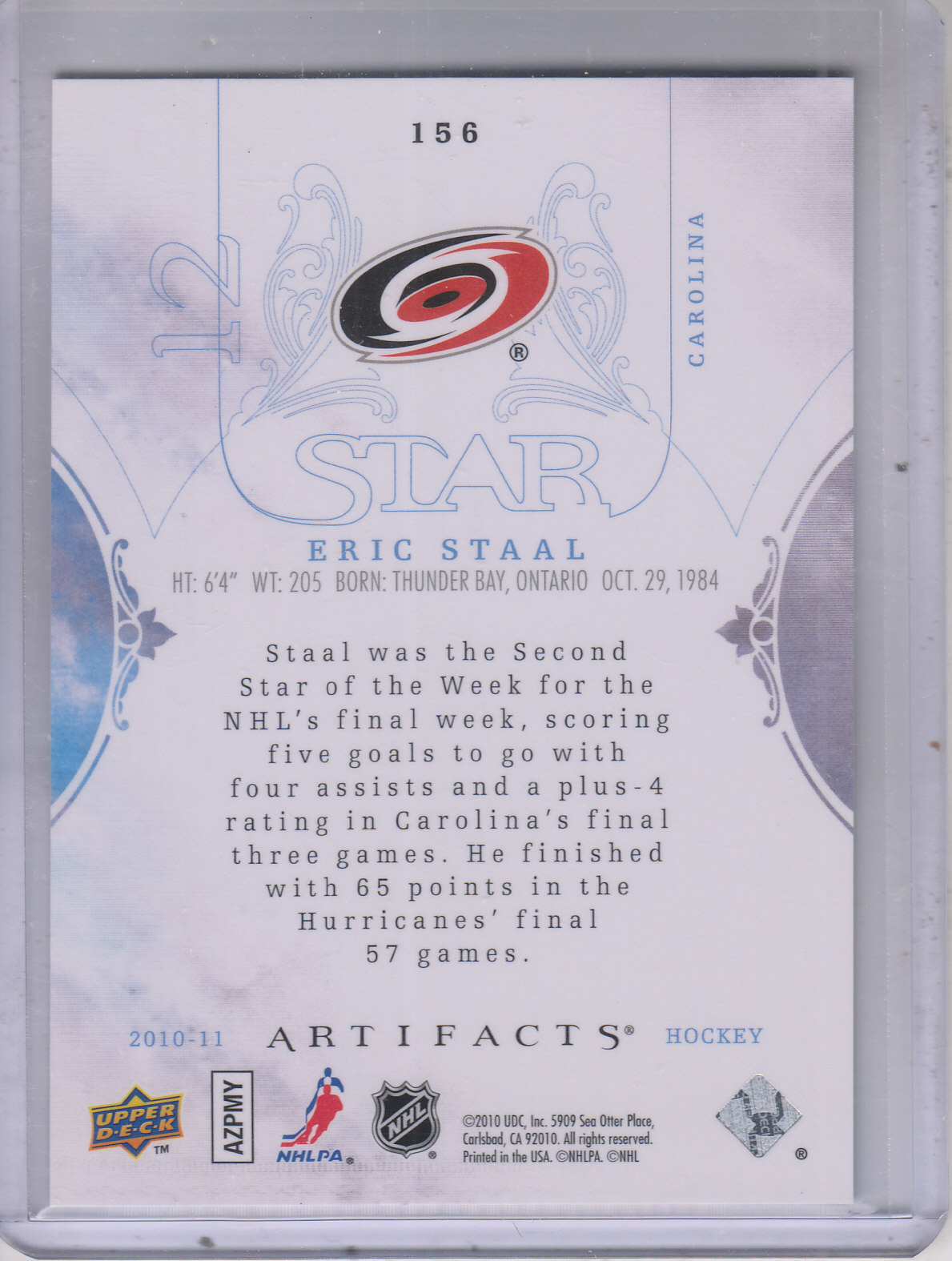2010-11 Artifacts Silver #156 Eric Staal S back image