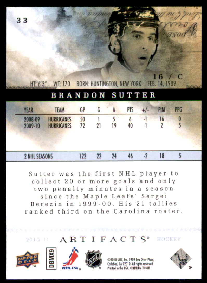 2010-11 Artifacts Rainbow #33 Brandon Sutter back image