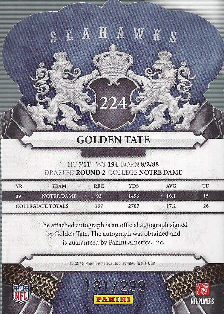 2010 Crown Royale #224 Golden Tate AU/299 RC back image