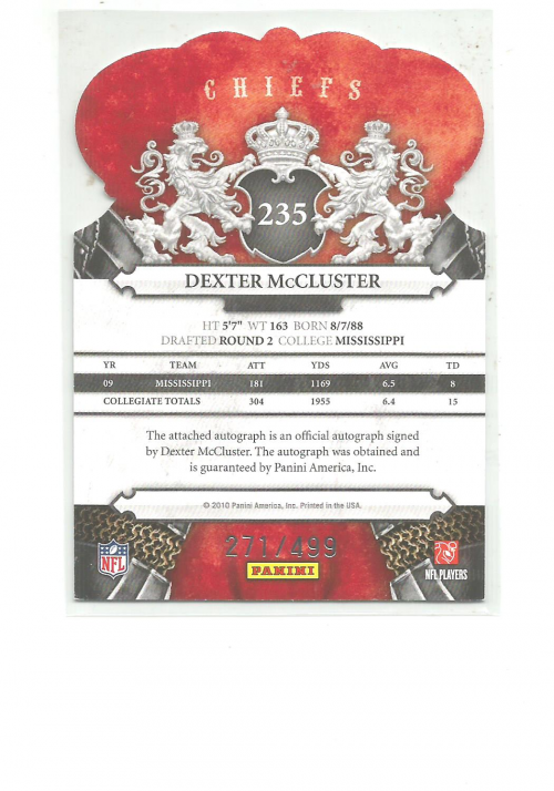 2010 Crown Royale #235 Dexter McCluster AU/499 RC back image
