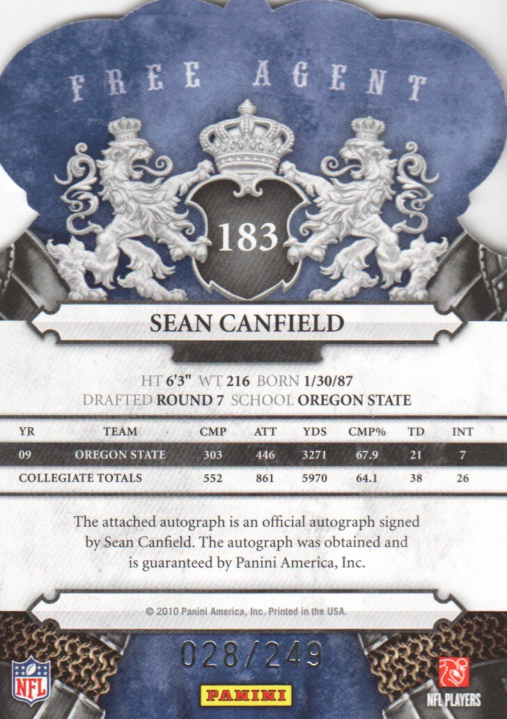 2010 Crown Royale Autographs #183 Sean Canfield/249 back image