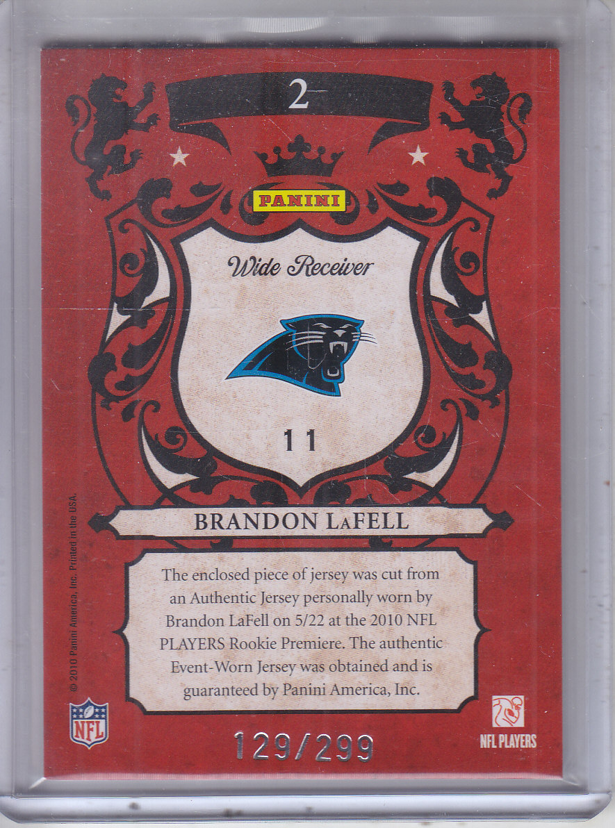 2010 Crown Royale Rookie Royalty Materials #2 Brandon LaFell back image