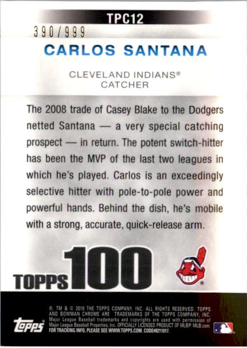 2010 Bowman Chrome Topps 100 Prospects #TPC12 Carlos Santana back image