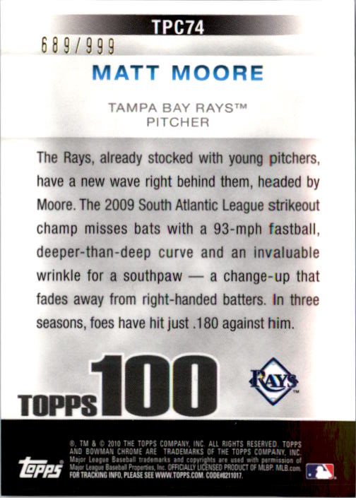 2010 Bowman Chrome Topps 100 Prospects #TPC74 Matt Moore back image