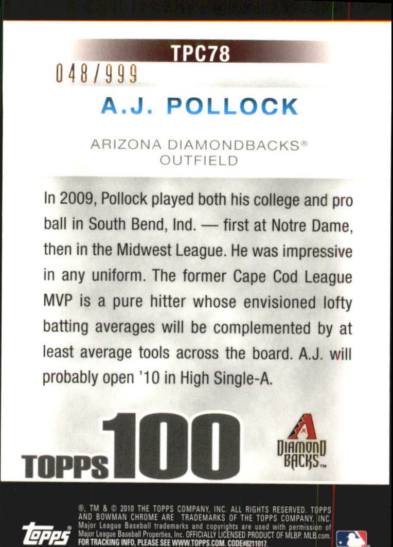 2010 Bowman Chrome Topps 100 Prospects #TPC78 A.J. Pollock back image