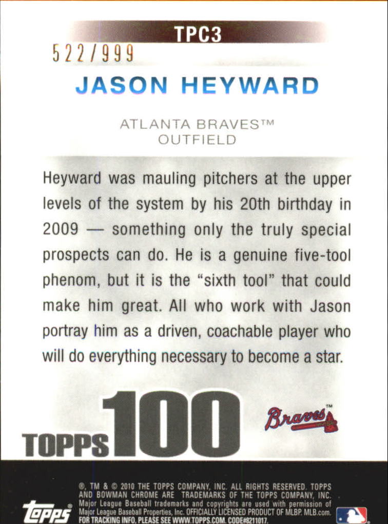 2010 Bowman Chrome Topps 100 Prospects Refractors #TPC3 Jason Heyward back image