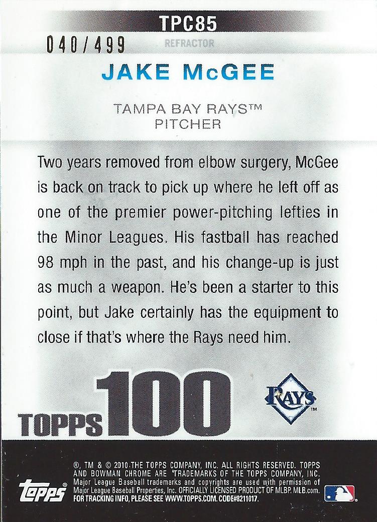 2010 Bowman Chrome Topps 100 Prospects Refractors #TPC85 Jake McGee back image