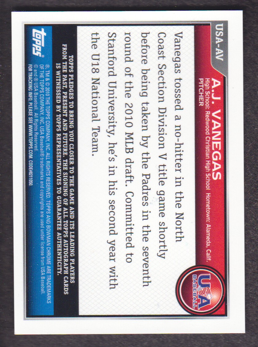 2010 Bowman Chrome 18U USA Baseball Autographs #AV A.J. Vanegas back image