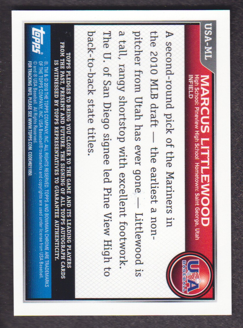 2010 Bowman Chrome 18U USA Baseball Autographs #ML Marcus Littlewood back image