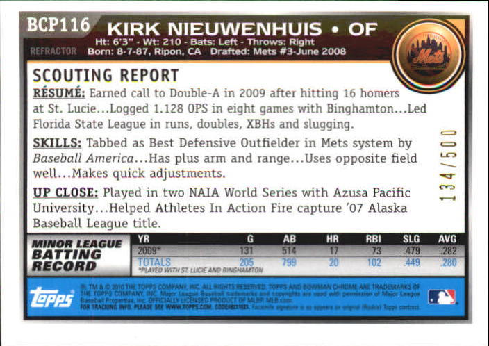 2010 Bowman Chrome Prospects Refractors #BCP116A Kirk Nieuwenhuis back image