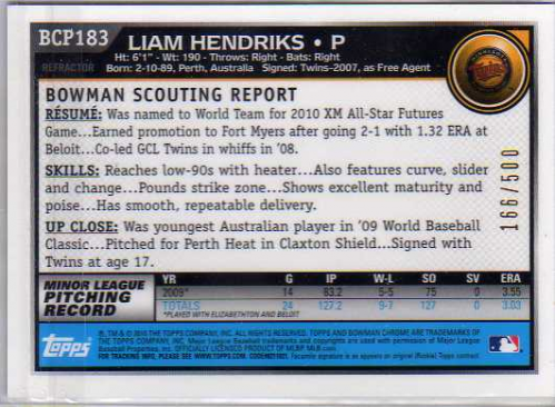 2010 Bowman Chrome Prospects Refractors #BCP183A Liam Hendriks back image