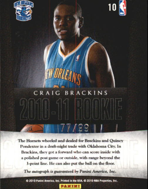2010-11 Limited Next Day Autographs #10 Craig Brackins/99 back image