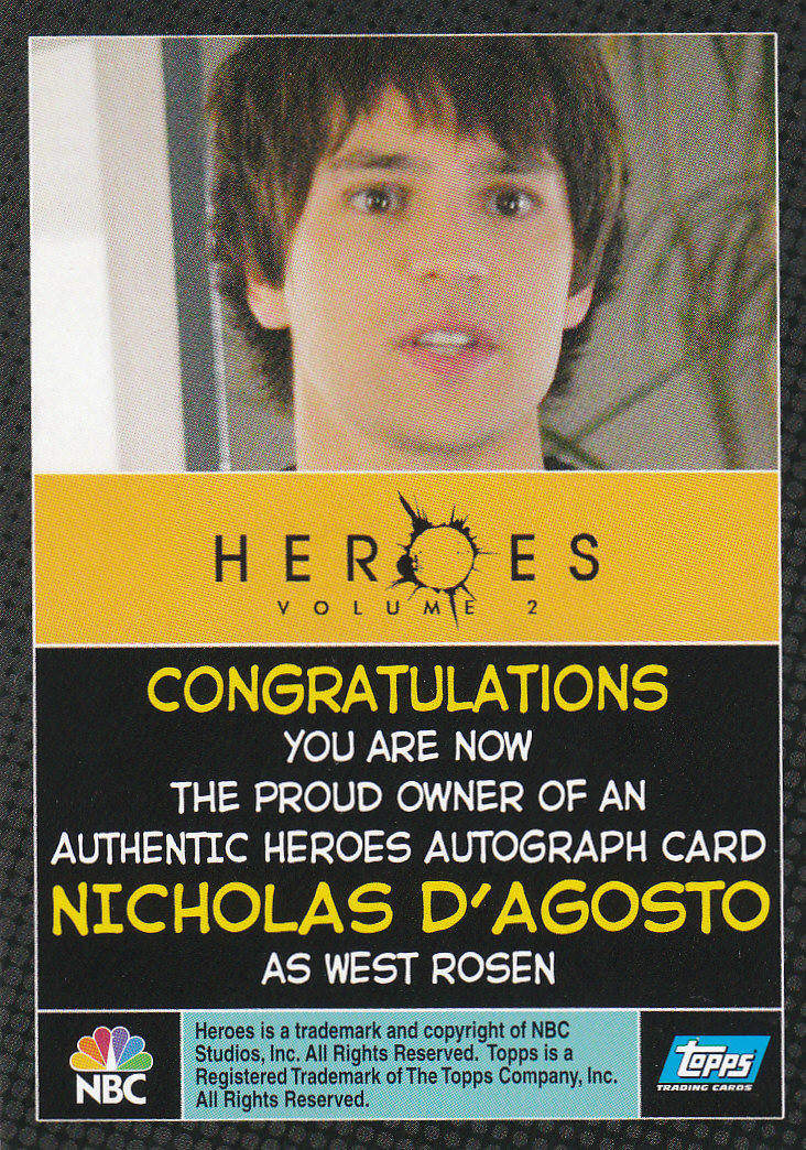 2008 Topps Heroes Series Two Autographs #12 Nicholas D'Agosto back image