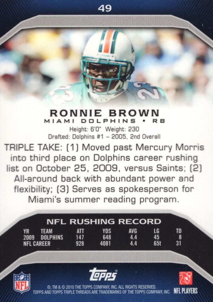 2010 Topps Triple Threads #49 Ronnie Brown back image