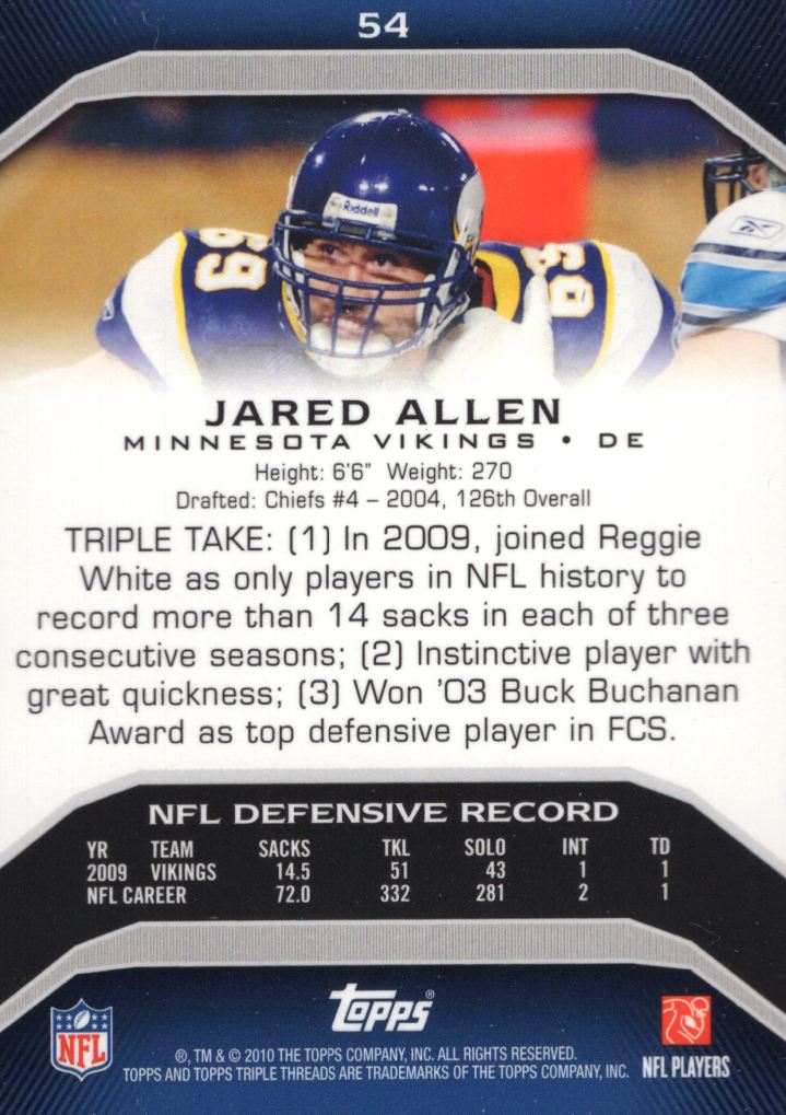 2010 Topps Triple Threads #54 Jared Allen back image
