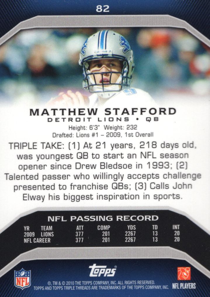 2010 Topps Triple Threads #82 Matthew Stafford back image