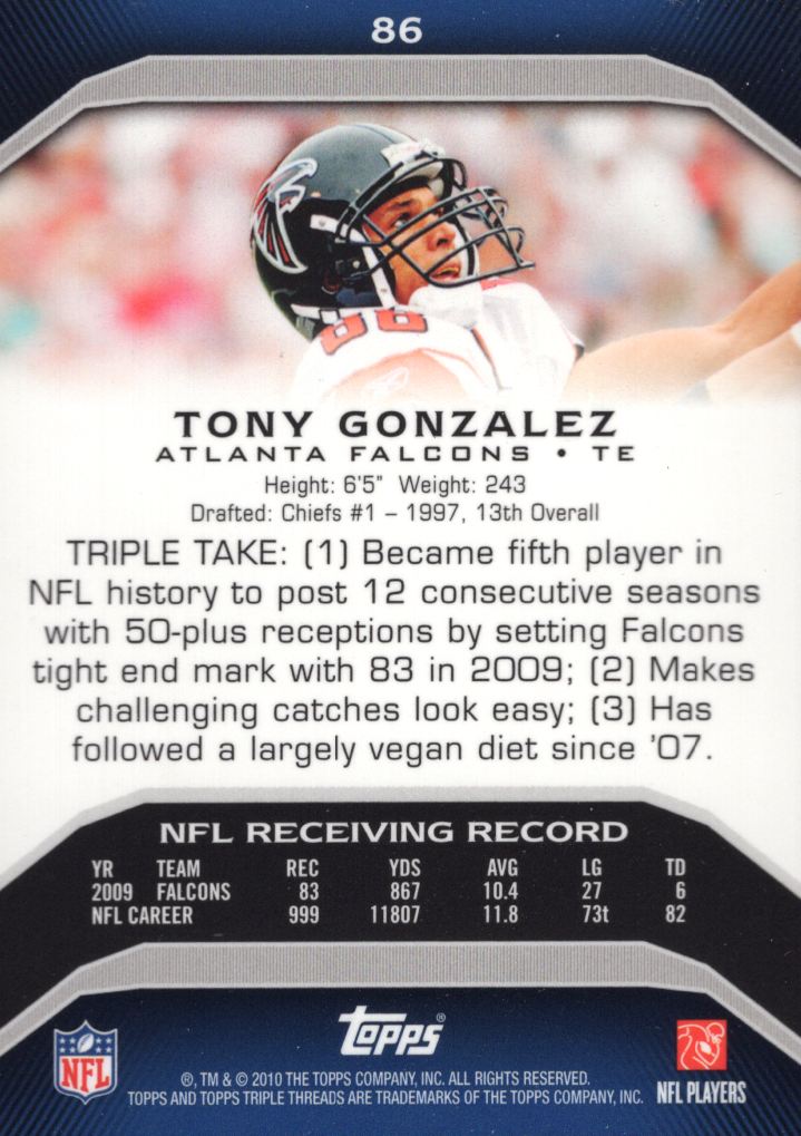 2010 Topps Triple Threads #86 Tony Gonzalez back image