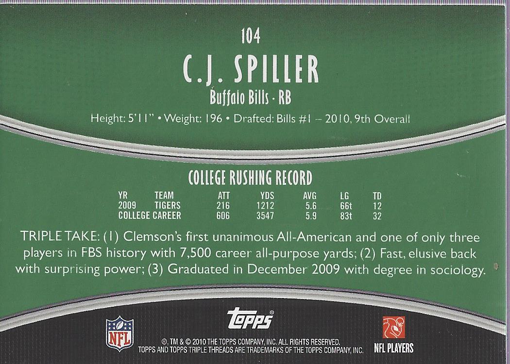 2010 Topps Triple Threads Emerald #104A C.J. Spiller JSY AU back image