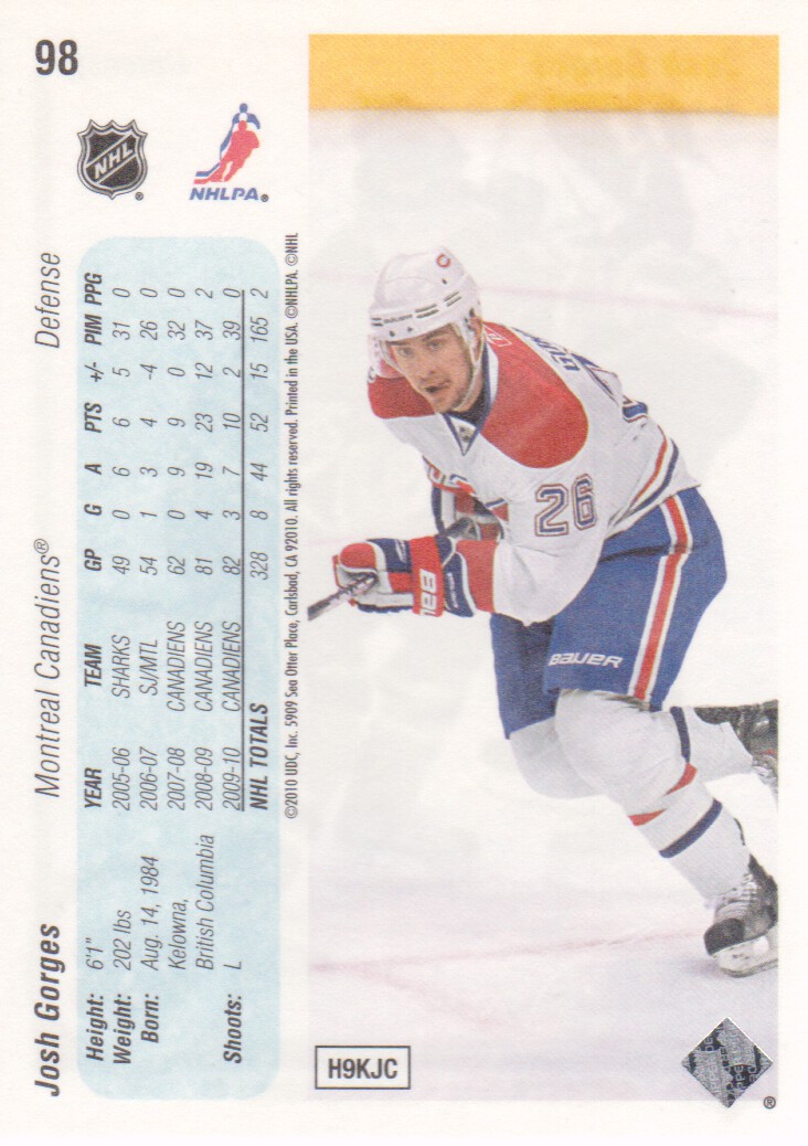 2010-11 Upper Deck 20th Anniversary Parallel #98 Josh Gorges back image