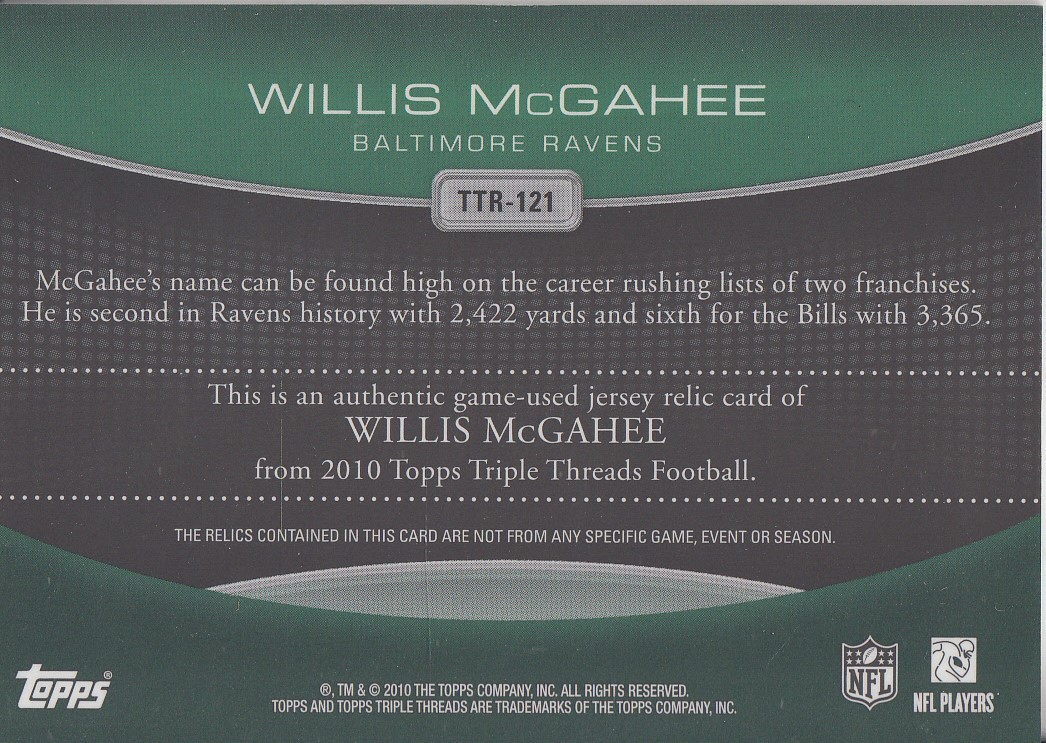 2010 Topps Triple Threads Relic Emerald #TTR121 Willis McGahee back image