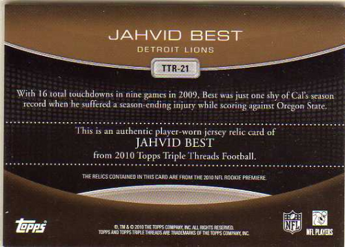 2010 Topps Triple Threads Relic Sepia #TTR21 Jahvid Best back image