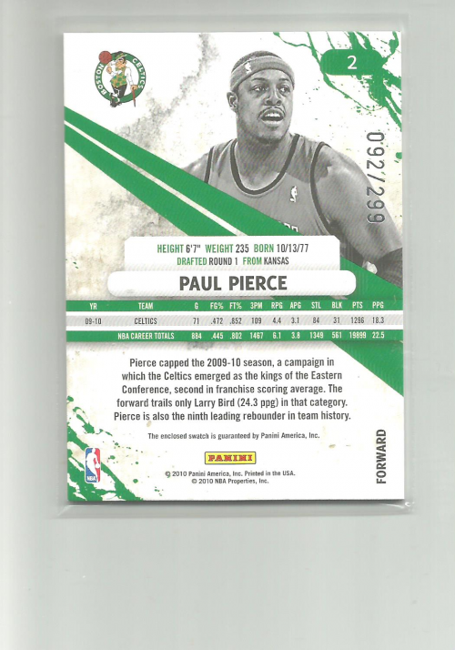 2010-11 Rookies and Stars Gold Materials #2 Paul Pierce/299 back image