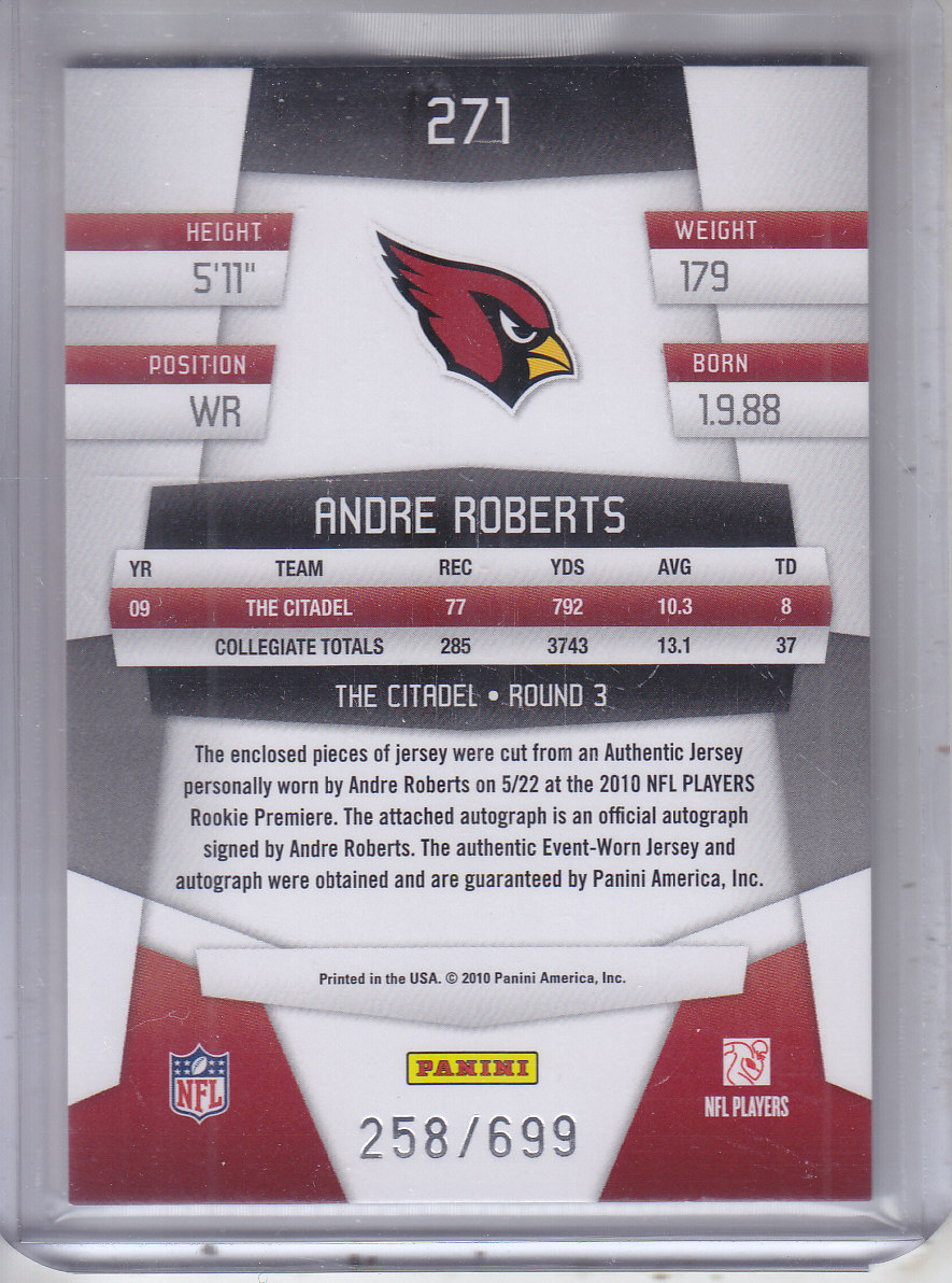 2010 Certified #271 Andre Roberts JSY AU/699 RC back image