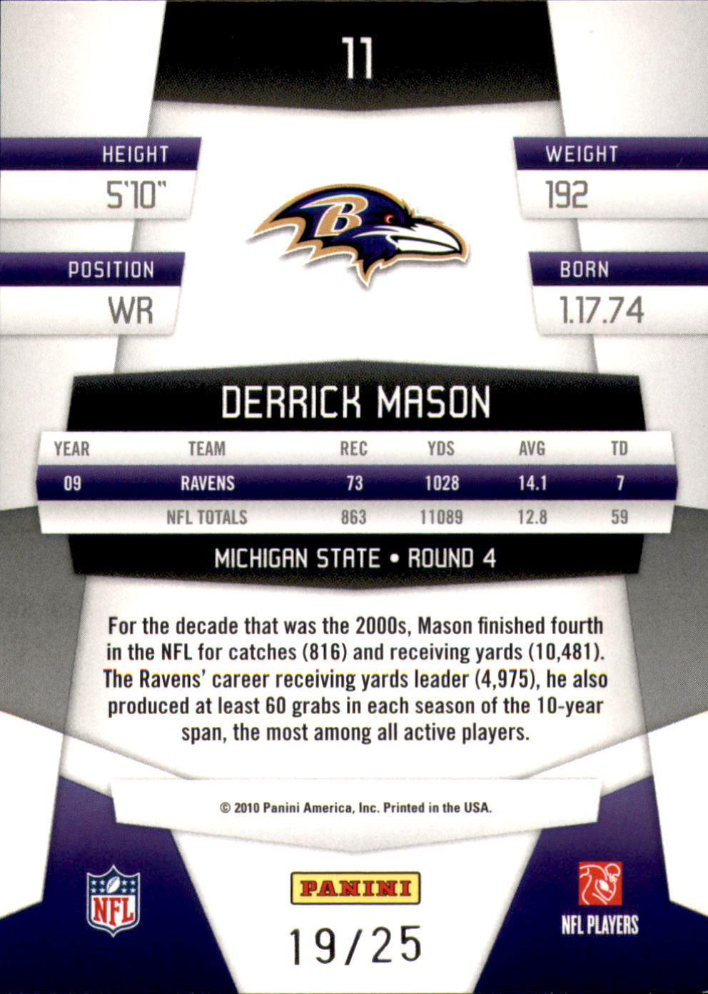 2010 Certified Mirror Gold #11 Derrick Mason back image