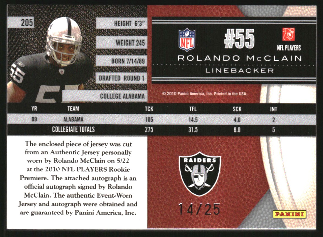 2010 Limited Silver Spotlight #205 Rolando McClain JSY AU back image