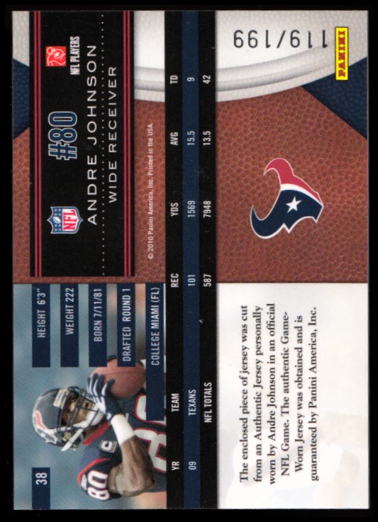 2010 Limited Threads #38 Andre Johnson/199 back image
