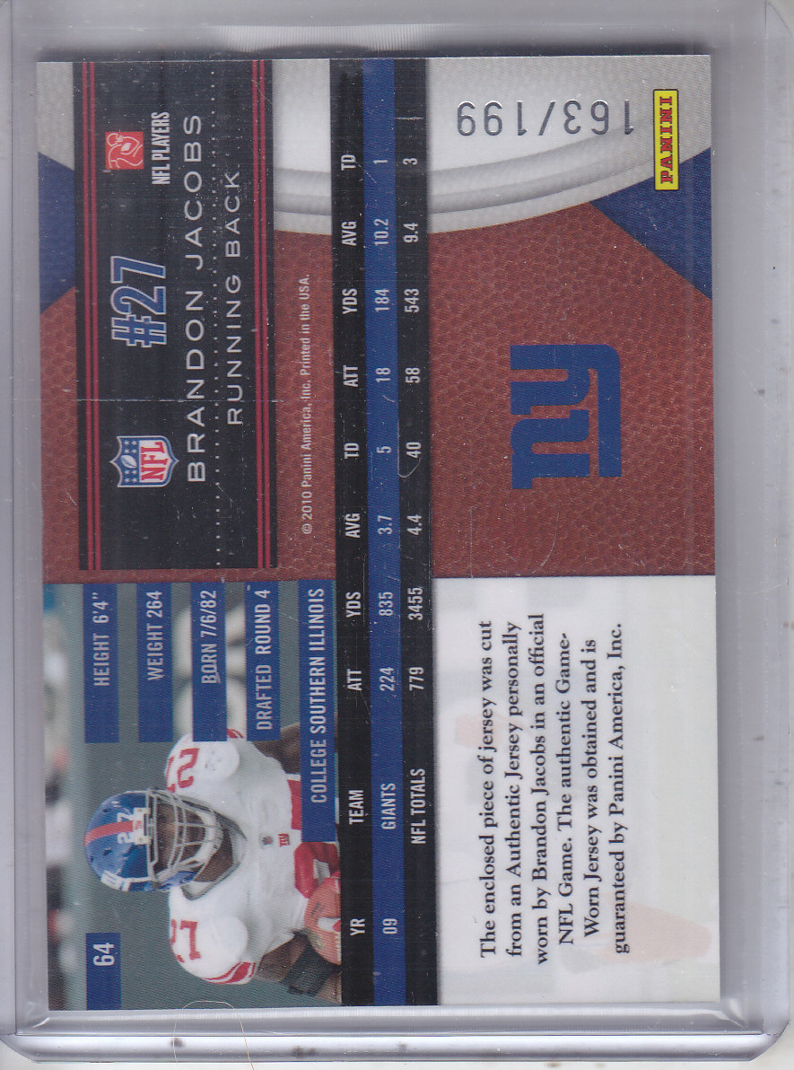 2010 Limited Threads #64 Brandon Jacobs/199 back image