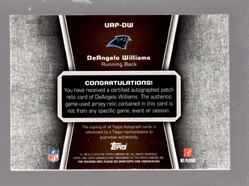 2010 Topps Unrivaled Autographed Patch #UAPDW DeAngelo Williams/100 back image