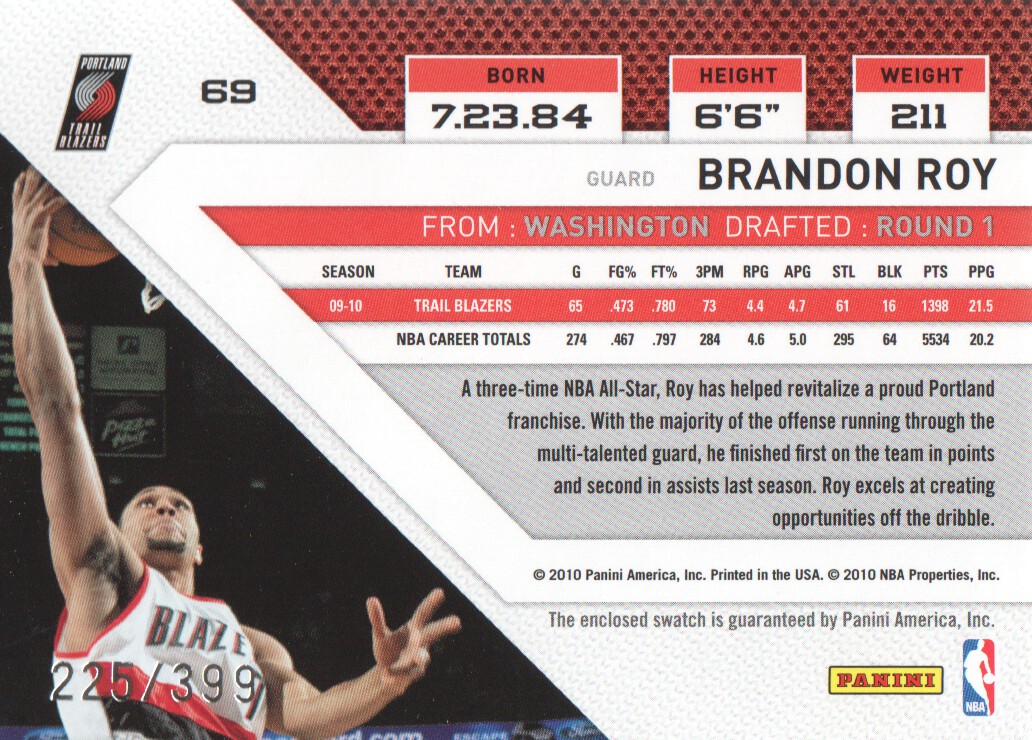2010-11 Panini Threads Jerseys #69 Brandon Roy/399 back image