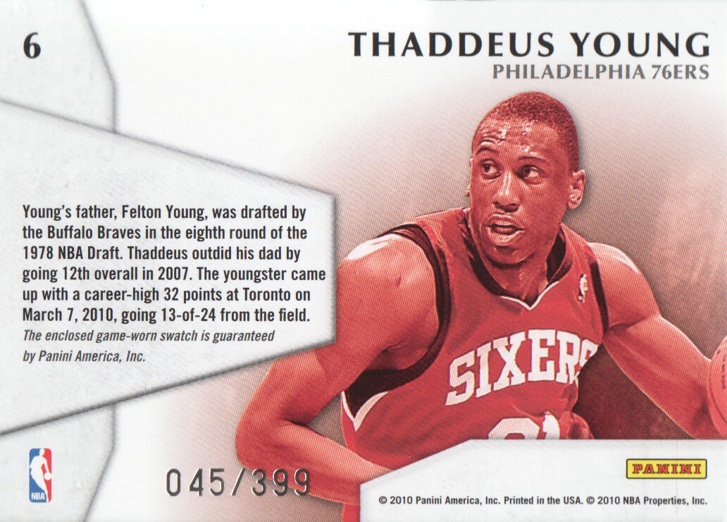 2010-11 Panini Threads Century Collection Materials #6 Thaddeus Young back image