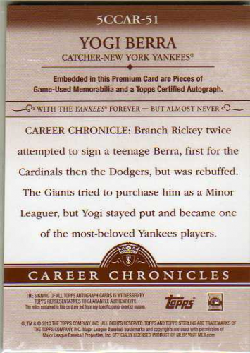 2010 Topps Sterling Career Chronicles Five Relic Autographs #CCAR51 Yogi Berra back image