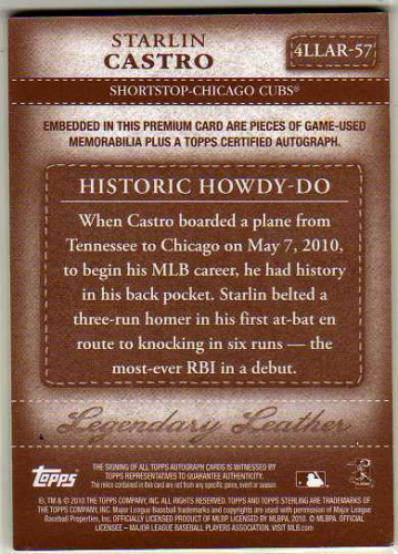 2010 Topps Sterling Legendary Leather Quad Relic Autographs #LLAR58 Starlin Castro back image