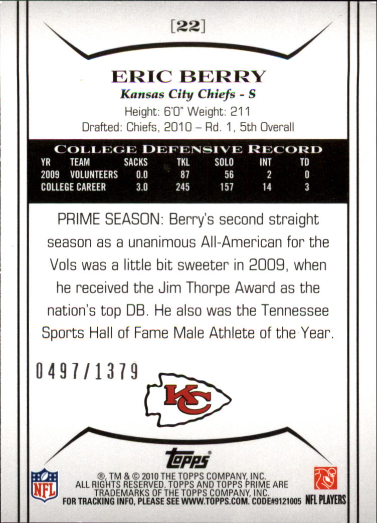 2010 Topps Prime Retail Bronze #22 Eric Berry back image