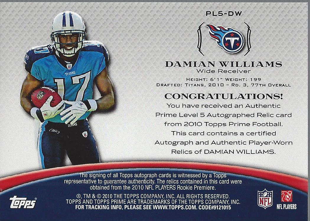 2010 Topps Prime Autographed Relics Level 5 #PL5DW Damian Williams/499 back image
