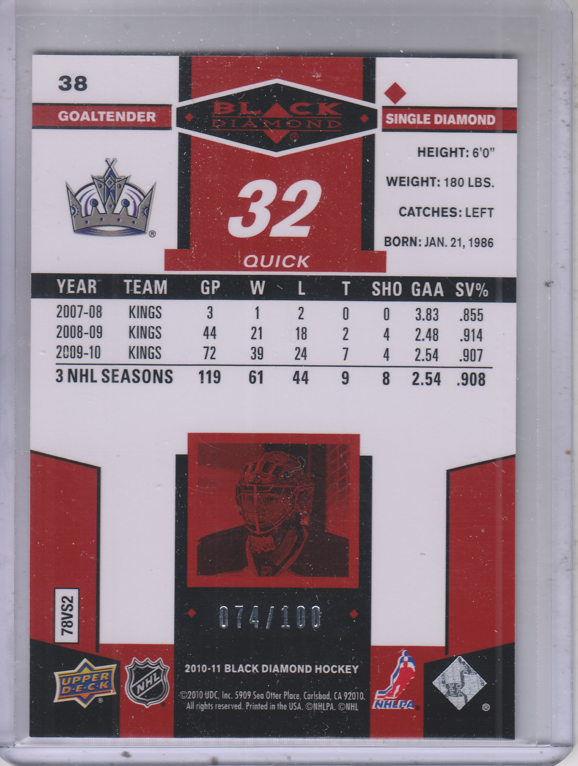 2010-11 Black Diamond Ruby #38 Jonathan Quick back image