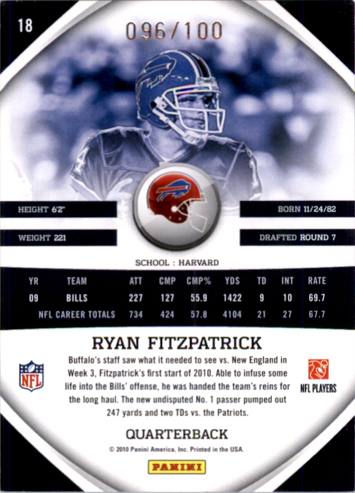 #36 Ryan Fitzpatrick 2010 Panini Score Football Sammelkarte