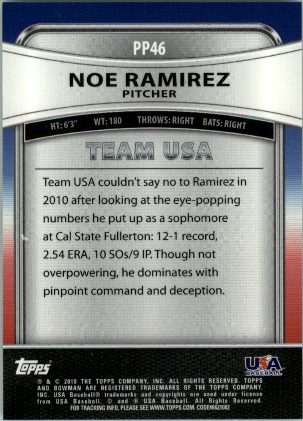 2010 Bowman Platinum Prospects #PP46 Noe Ramirez back image