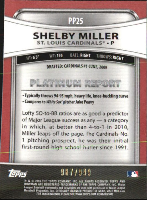 2010 Bowman Platinum Prospects Refractors Thick Stock #PP25 Shelby Miller