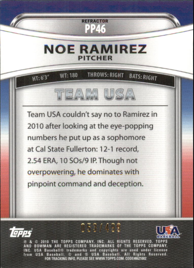 2010 Bowman Platinum Prospects Green Refractors #PP46 Noe Ramirez back image