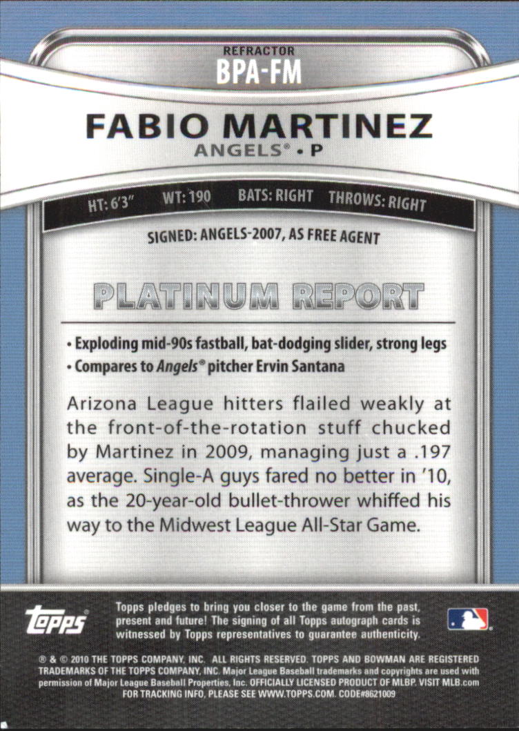 2010 Bowman Platinum Prospect Autographs Refractors #FM Fabio Martinez back image