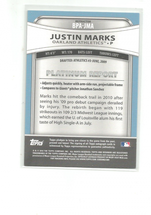 2010 Bowman Platinum Prospect Autographs Green Refractors #JMA Justin Marks back image